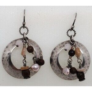 Silpada Designer Hammered Sterling Silver Rose Quartz Wood Pearl Earrings W1429